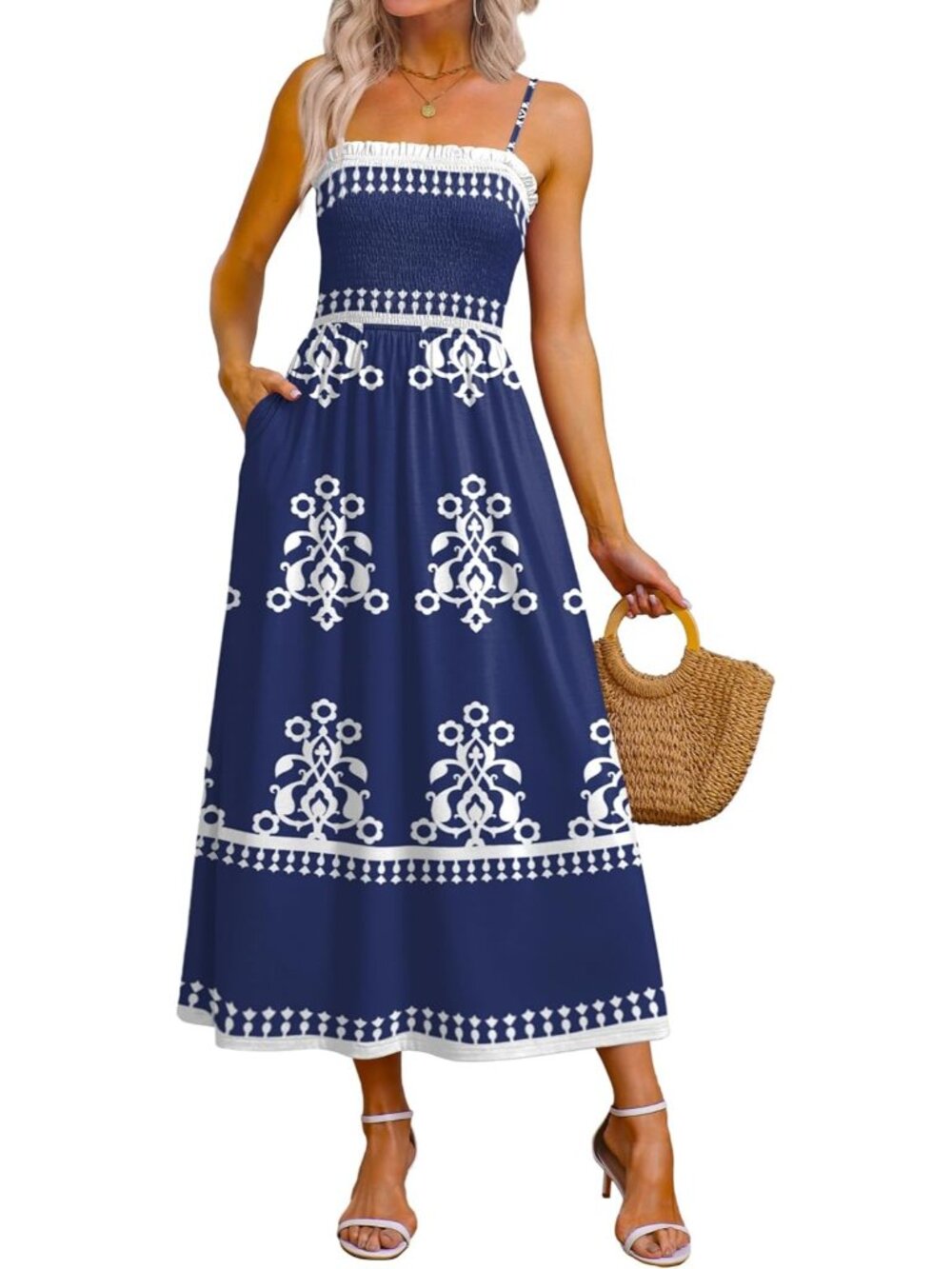 Women Navy Blue Totem Spaghetti Strap Smocked Casual Boho Beach Long Maxi Dress